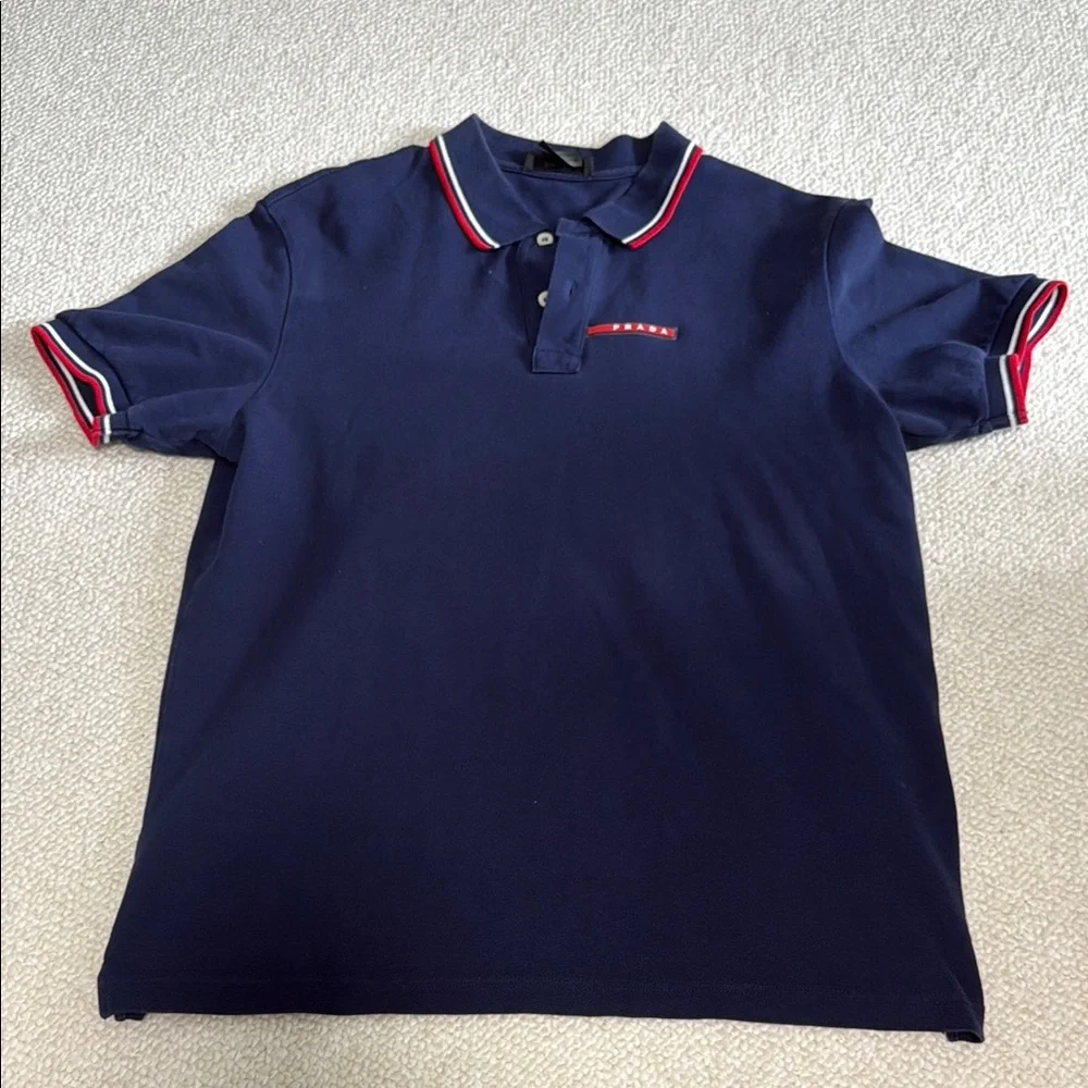 PRADA 赤青ストライプ ポロシャツ 中古・古着通販】PRADA (プラダ) 異素材ポロシャツ トリコロールカラー